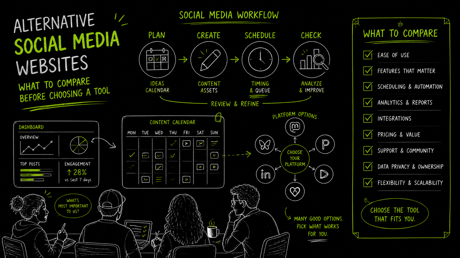 Hand-drawn illustration for Alternative Social Media Websites: What to Compare Before Choosing a Tool