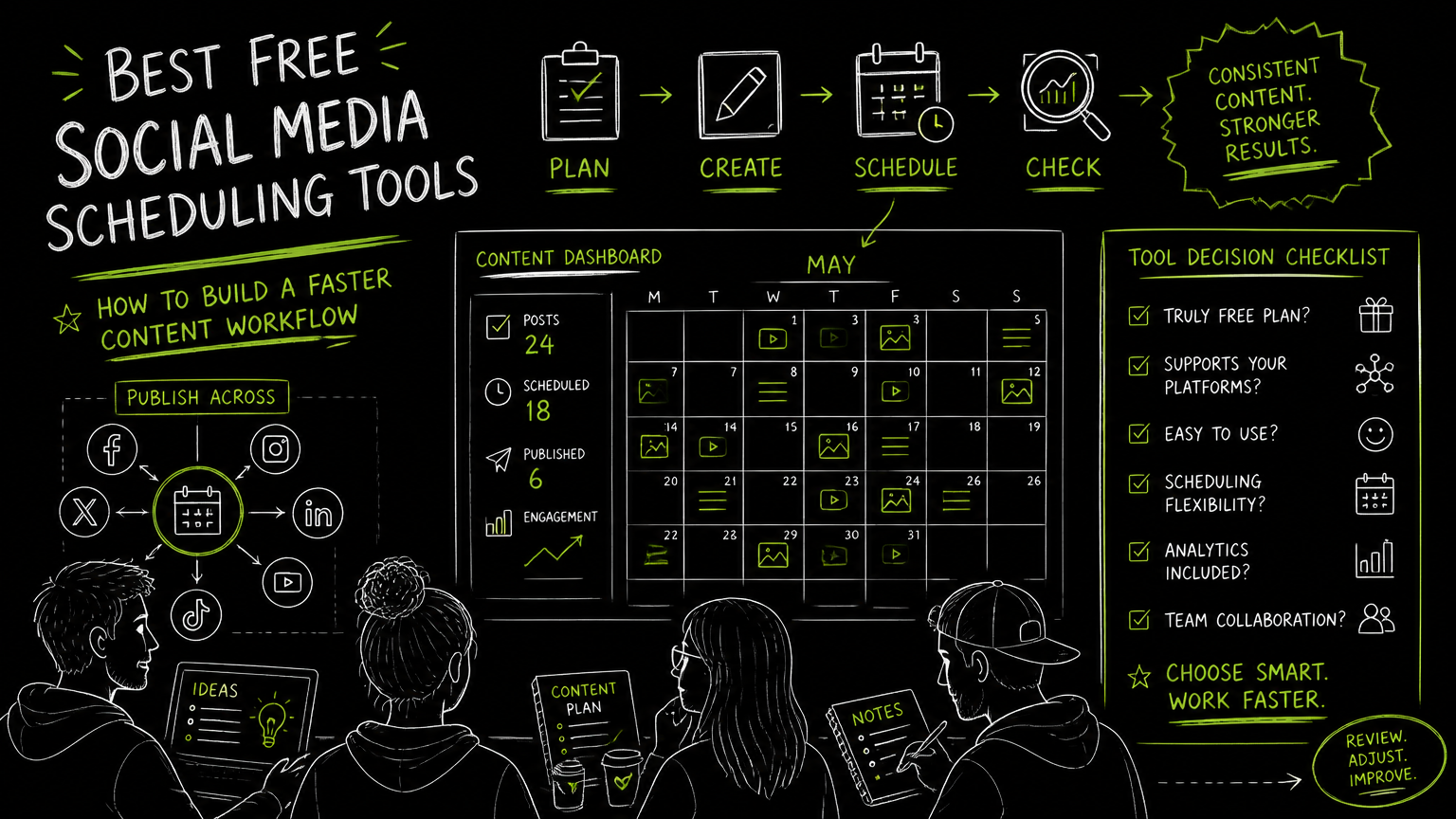 Hand-drawn illustration for Best Free Social Media Scheduling Tools: How to Build a Faster Content Workflow