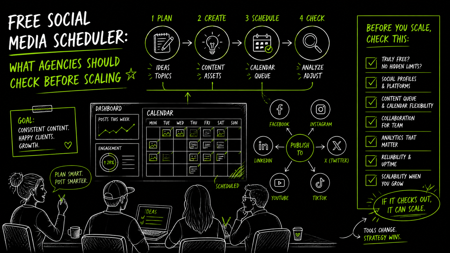 Hand-drawn illustration for Free Social Media Scheduler: What Agencies Should Check Before Scaling