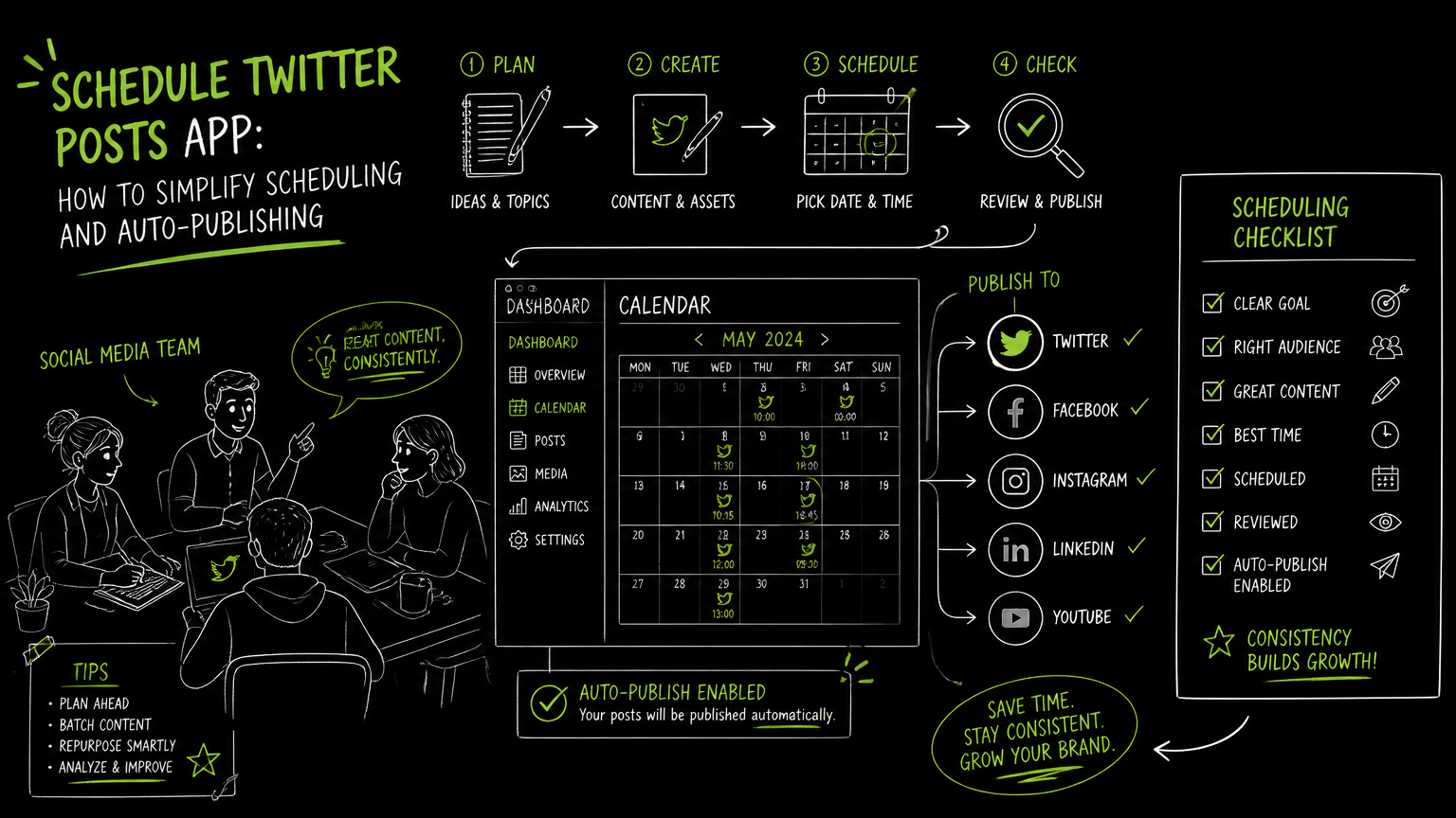 Hand-drawn illustration for Schedule Twitter Posts App: How to Simplify Scheduling and Auto-Publishing